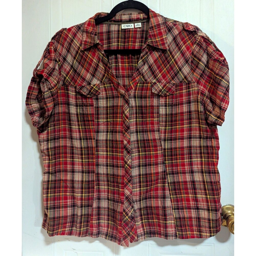 Cato Women's XL Fall Red Plaid Collared Short Sleeve Snap-Up Shirt Country